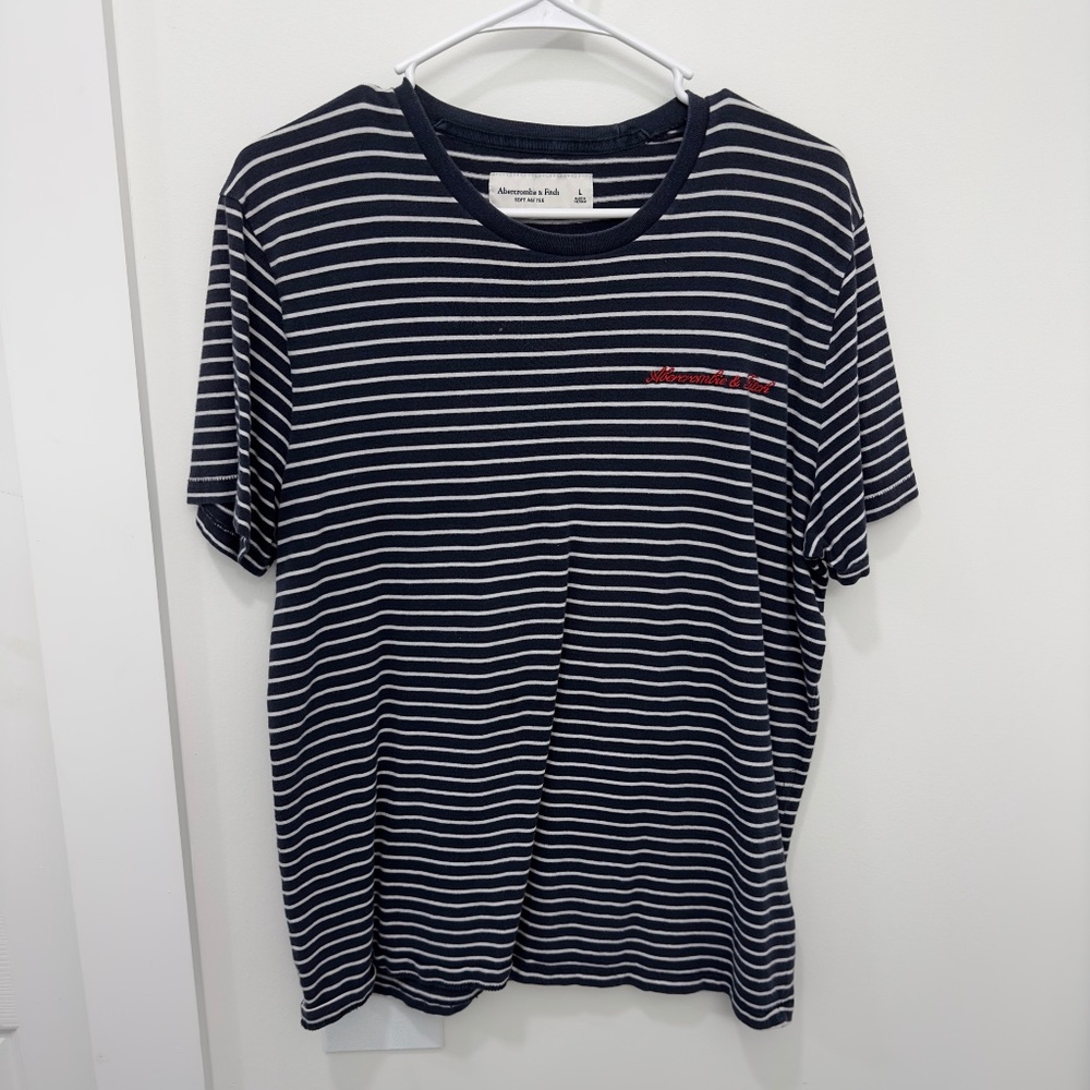 Abercrombie & Fitch Unisex Blue and White Stripes Vintage Red Logo T-shirt